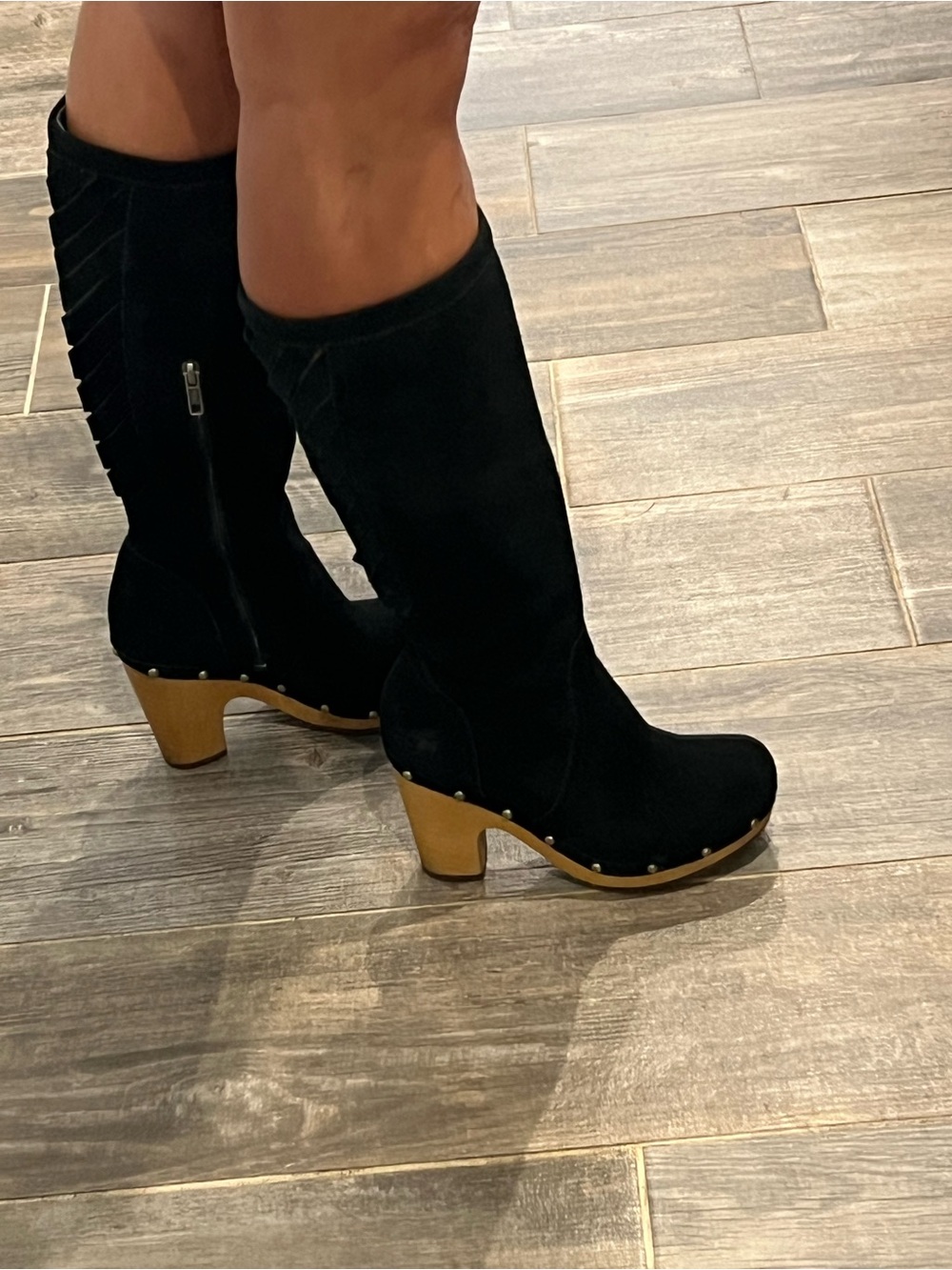 UGG Black Suede Studded Wooden Heel Mid-Calf Boots
